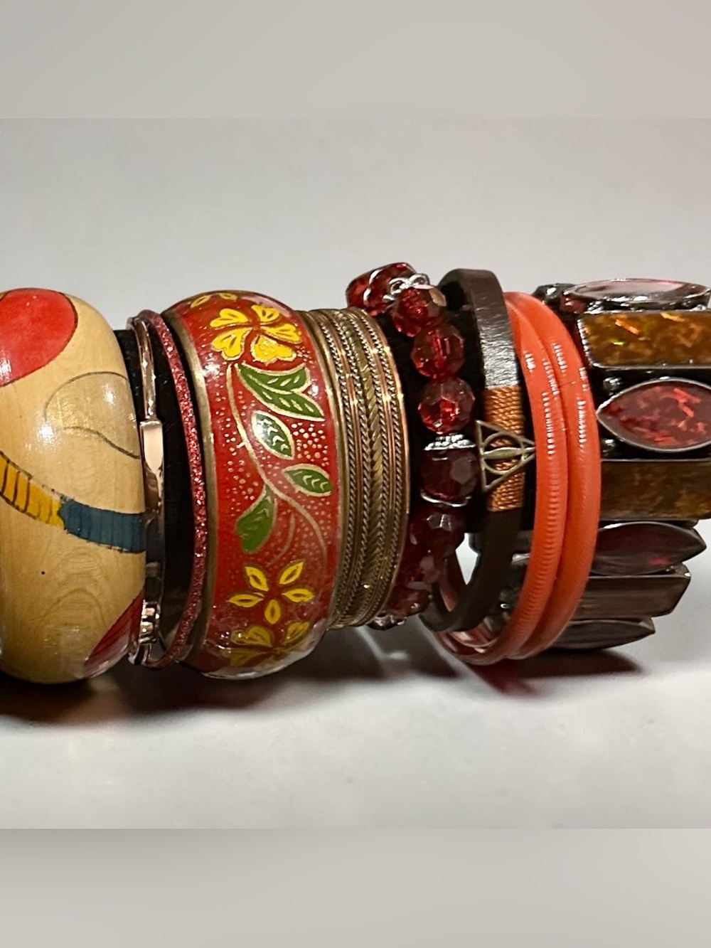 Boho Vintage Mixed Media Bracelet Stack Red Orange Gold - Picture 2 of 3